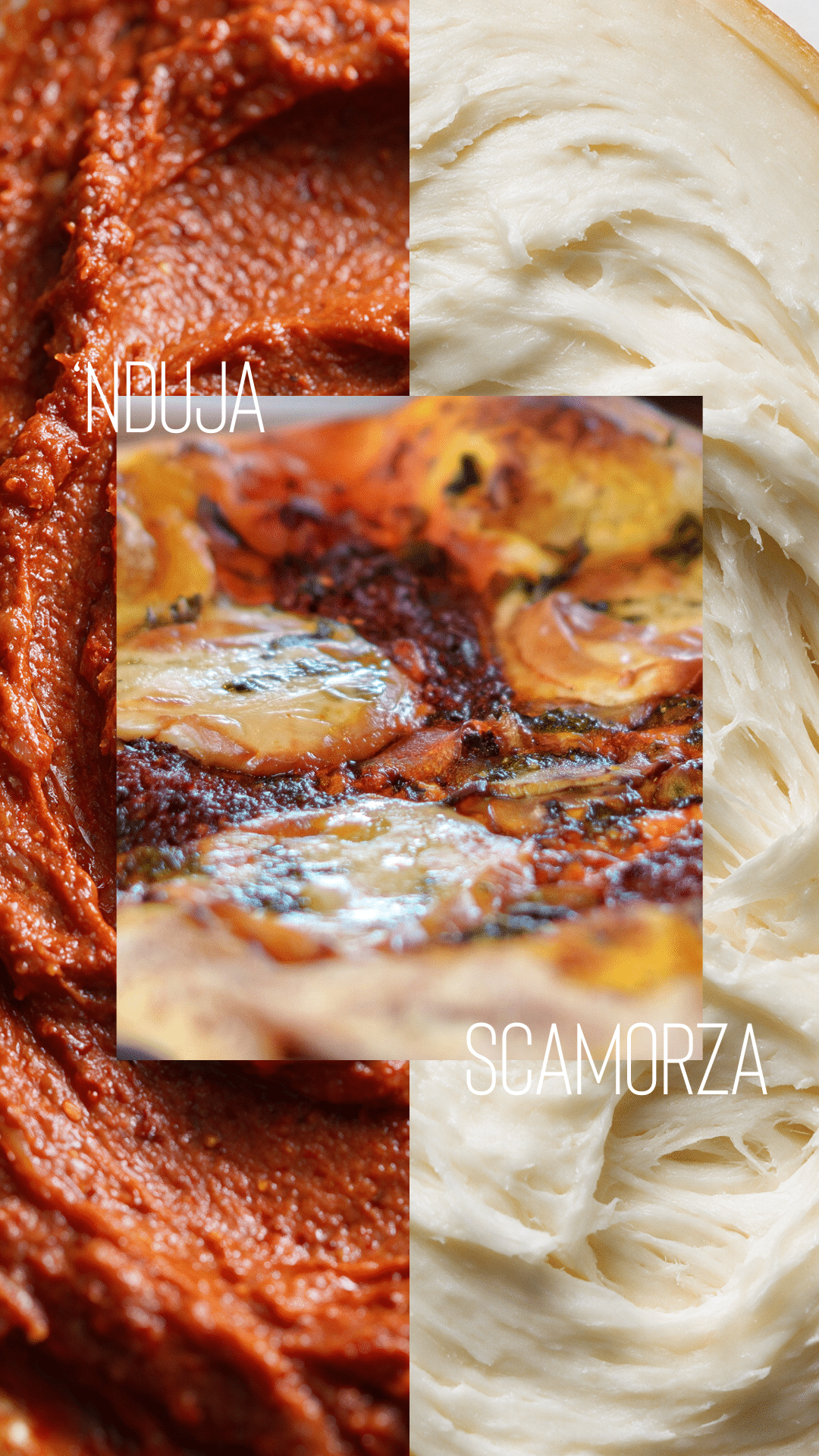Nduja et scamorza en gros plan sur une pizza Fabioli